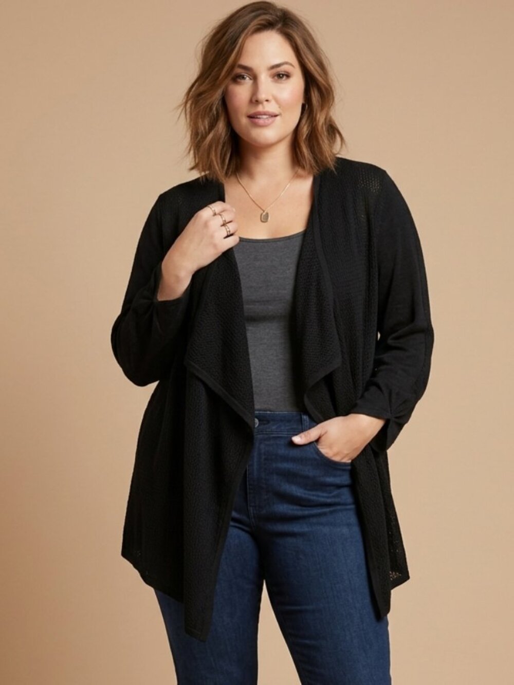 Magaschoni Woman Size 1X Black Lightweight Knit Open Waterfall Cardigan